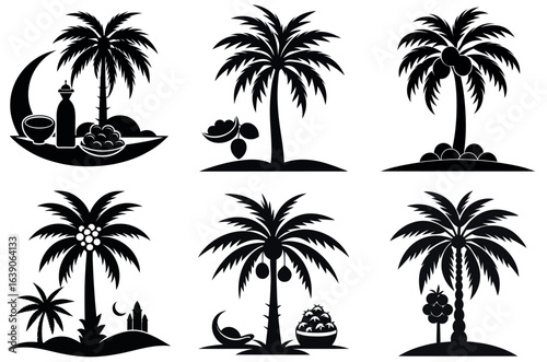 Palm Tree and Tropical Fruit Silhouette Icon Set