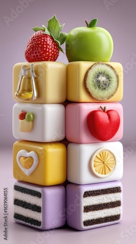 Stack of Pastel Cubes with Fruit and Wellness Icons