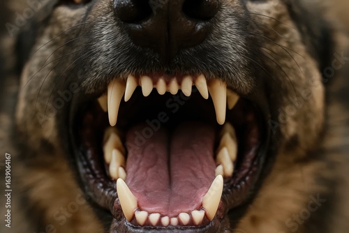 A close-up of a fierce dog's open mouth, revealing its sharp teeth