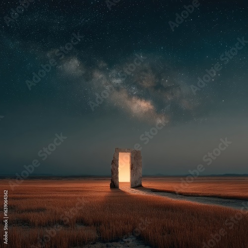 Stone Archway Door in Wheat Field at Night Under Milky Way