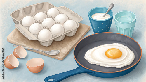 Delicious Fried Egg with Egg Carton and Drink Preparation Still Life Concept Illustration