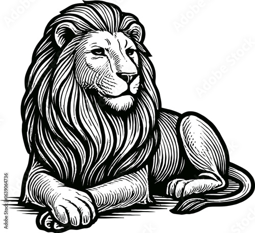 Detailed Black and White Illustration of a Reclining Lion with Flowing Mane