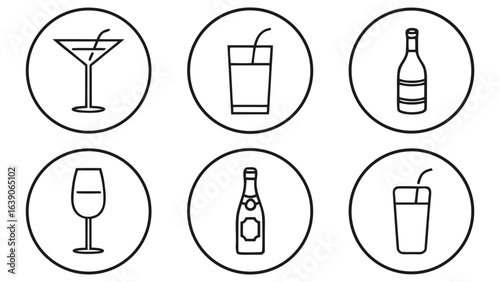 Set of six minimalist line art icons representing alcoholic and non alcoholic beverages