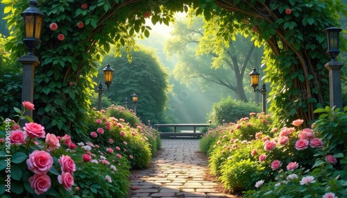 A lush Victorian garden scene, overflowing with vibrant green foliage, climbing roses, and antique garden ornaments Sunlight dappled through leaves, creating a serene atmosphere , plants, flowers