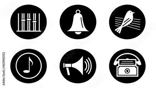 Collection of white sound and music icons on black circular backgrounds