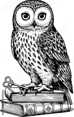 Detailed Black And White Owl Perched On Books With Key Symbolizing Education