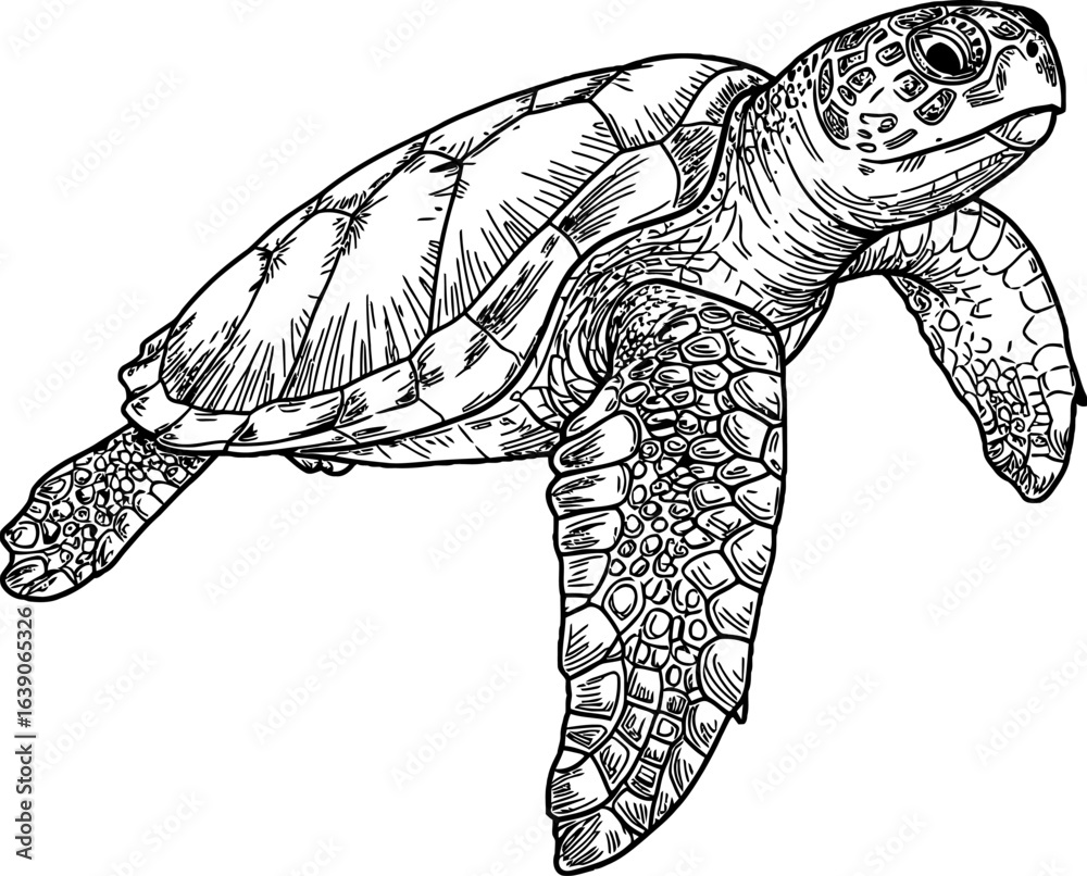 Fototapeta premium Detailed Black And White Sea Turtle Illustration With Textured Shell And Flipper