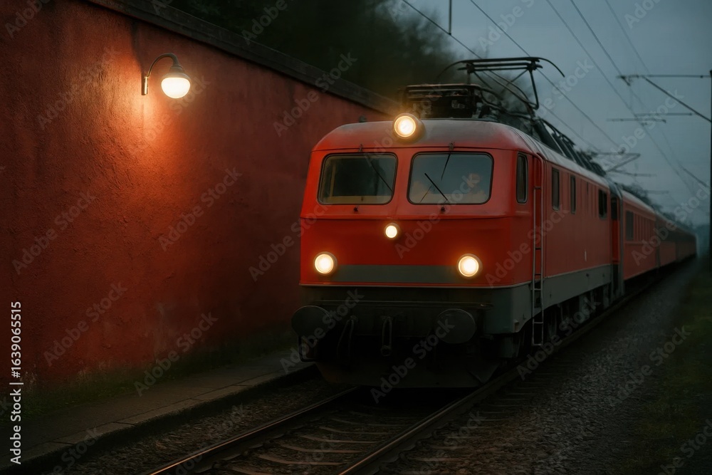 Naklejka premium A solitary red train journeys through the foggy night, its headlights piercing the darkness as it moves along a track lined with overhead power lines