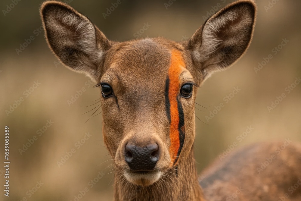 A Deer with a Striking Orange Mark on its Face A Deer with a Striking Orange Mark on its Face