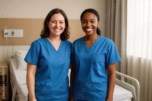 Healthcare professionals standing in a hospital room, radiating warmth and care