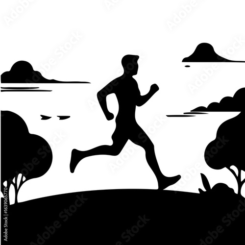Minimal black and white man jogging in park vector silhouette illustration