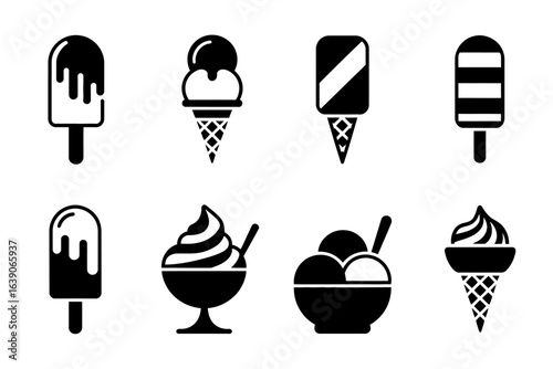 Collection of black and white ice cream icons in various shapes and styles for design inspiration use