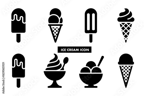 Collection of black and white ice cream icons in various shapes and styles for design inspiration use