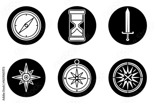 Collection of nautical and adventure icons including compasses hourglass and sword
