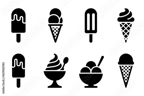 Collection of black and white ice cream icons in various shapes and styles for design inspiration use