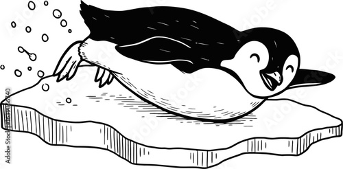Playful Penguin Sliding on Ice Smiling Cartoon Illustration in Black And White