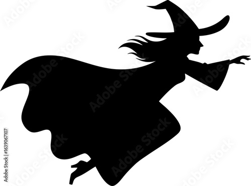 Silhouette Of A Witch Flying With Cape And Hat Against White Background