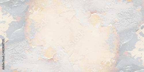 Abstract textured wall with a weathered appearance. The surface is covered with peeling and cracked paint, revealing multiple layers of gray, white, and beige tones underneath.