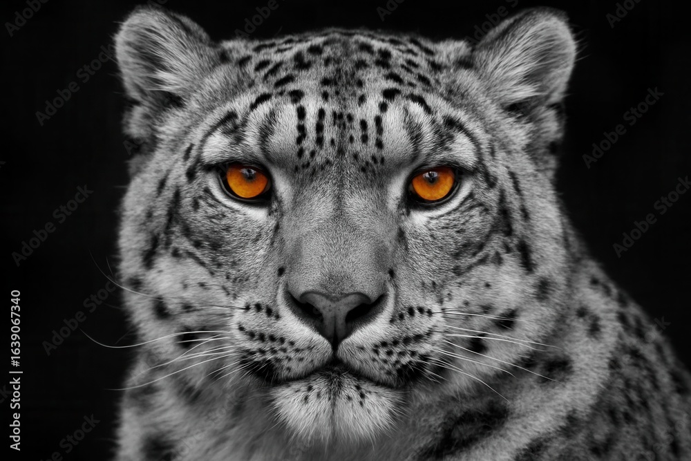 Obraz premium The image depicts a majestic snow leopard with striking orange eyes, set against a stark black background that accentuates its features and gaze