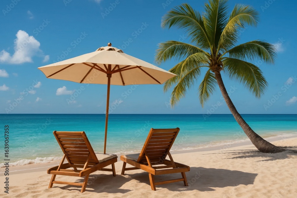 Fototapeta premium Lounge Chairs and Umbrella on a Tropical Beach with Clear Blue Skies and Waves