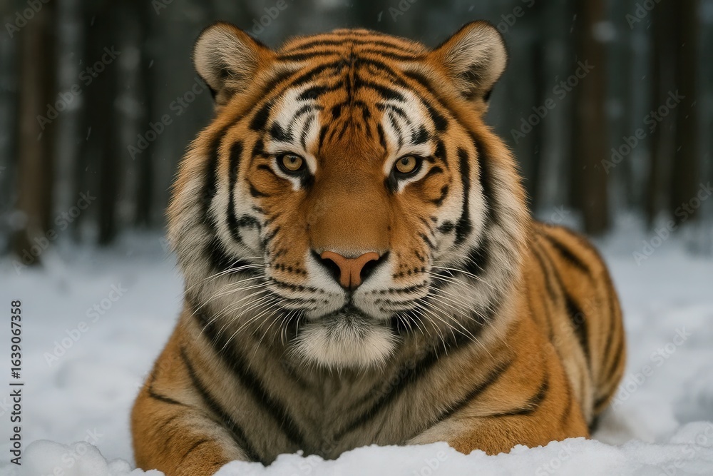 Obraz premium A majestic tiger gazes into the camera amidst a serene winter landscape
