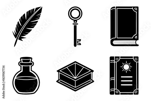 Collection of magical fantasy icons including a feather quill key potion and books