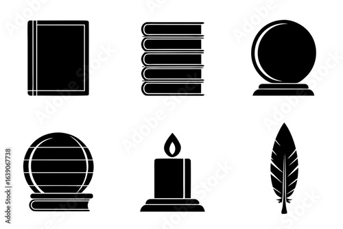 Collection of mystical and literary icons including books crystal balls candle and feather