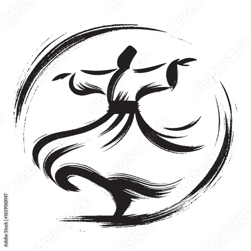 Whirling dervish silhouette brush stroke black on white vector illustration