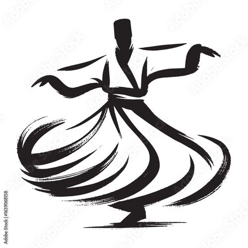 Whirling dervish silhouette brush stroke black on white vector illustration