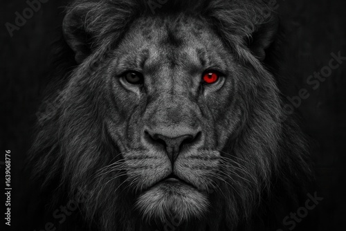 A striking portrait of a lion with piercing red eyes against a stark black background