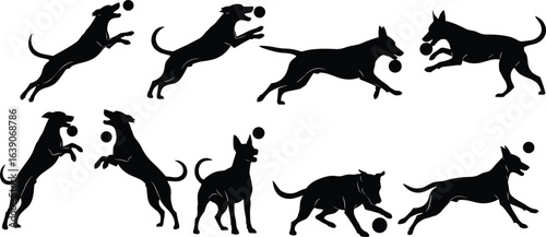 Dog silhouette playing with ball, black dog vector, pet agility illustration, jumping dog clipart, canine action pose graphic