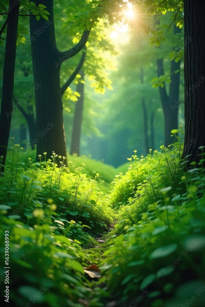 Fototapeta premium Dense, lush green forest floor carpeted with thick, vibrant grass, sunlight dappling through leaves Tranquil, serene natural scene Perfect for nature, ecology, environmental themes , growth, natural