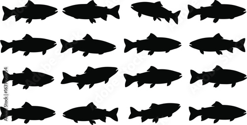 Fish silhouette grid, black aquatic vector, identical fish clipart, marine animal design, underwater pattern graphic, dorsal fin illustration, ocean icon