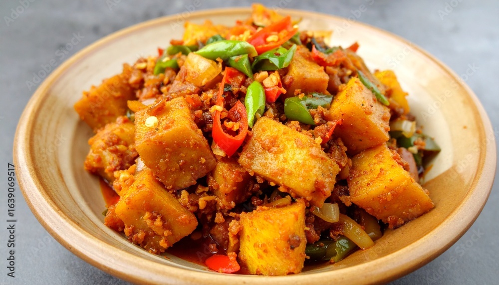 A flavorful Asian stir-fry with diced potatoes, savory minced meat, and spicy chilies served in a traditional bowl. A flavorful Asian stir-fry with diced potatoes, savory minced meat, and spicy chilies served in a traditional bowl.