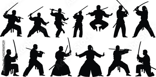 Martial arts sword silhouette, combat stances, sword techniques, warrior poses, training illustration, black vector, jumping, kneeling, standing, discipline