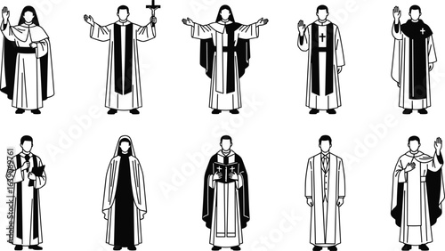 Religious figure illustration, clergy characters, ceremonial robes, spiritual leaders, prayer gesture, cross symbol, religious attire, vector art, tradition, blessing