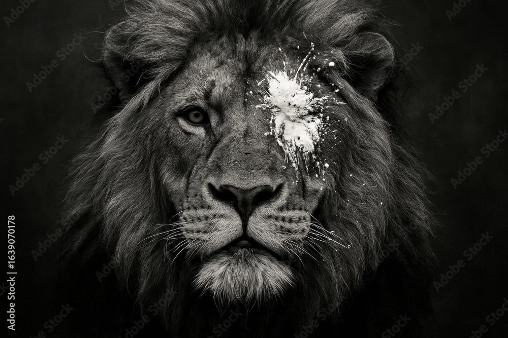 Fototapeta premium A striking monochrome portrait of a lion, its gaze piercing through the darkness, adorned with an abstract white mark on its forehead