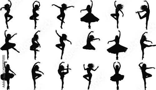 Silhouettes of dancers, various poses, expressive movement, elegant dance styles, black and white art, choreography concept, graceful motion, artistic design