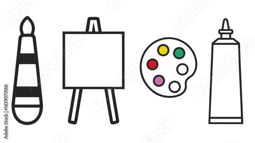 Artistic tools set with easel paintbrush palette and paint tube