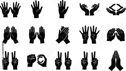 Silhouettes of hands, various gestures, peace sign, open palm, closed fist, clapping hands, symbolic communication, black and white art