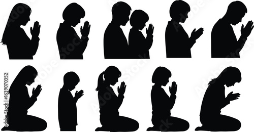 Silhouettes of people, prayer positions, spiritual poses, kneeling figures, standing worshippers, religious postures, meditation icons, black vector illustration