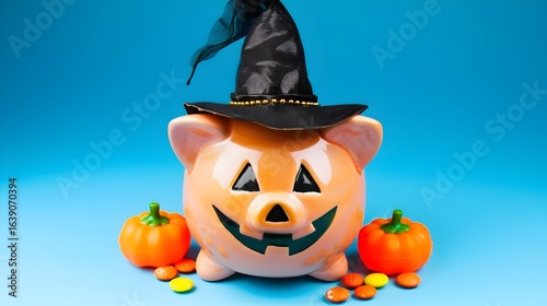 Spooky Halloween Piggy Bank with Witch Hat and Jack o  Lantern Candy Bucket on Blue Background