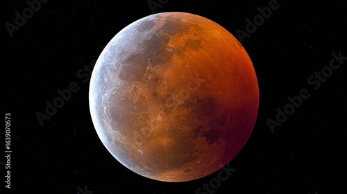 Full lunar eclipse, with a black background, the moon with a brown color, a rare eclipse