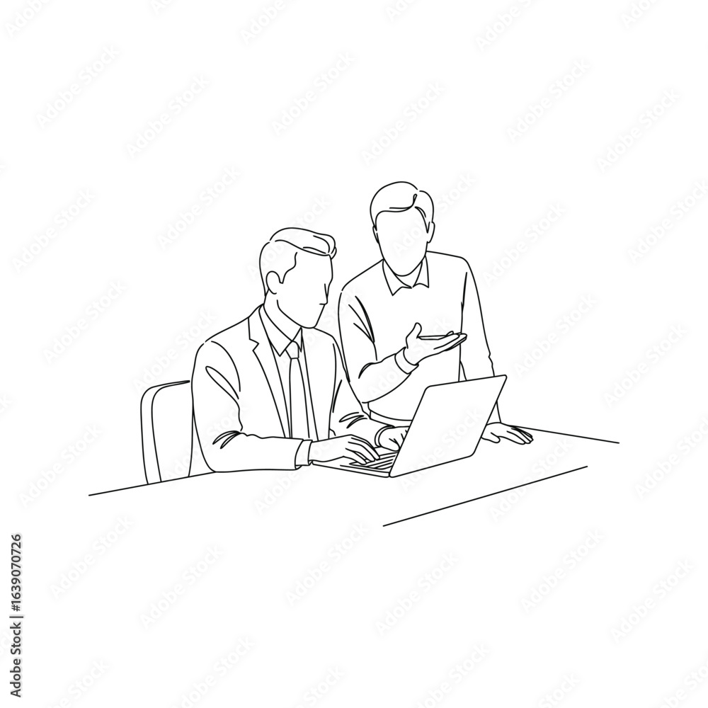 Two Businessmen Working Together on Laptop Collaboration Teamwork Line Art Illustration Two Businessmen Working Together on Laptop Collaboration Teamwork Line Art Illustration