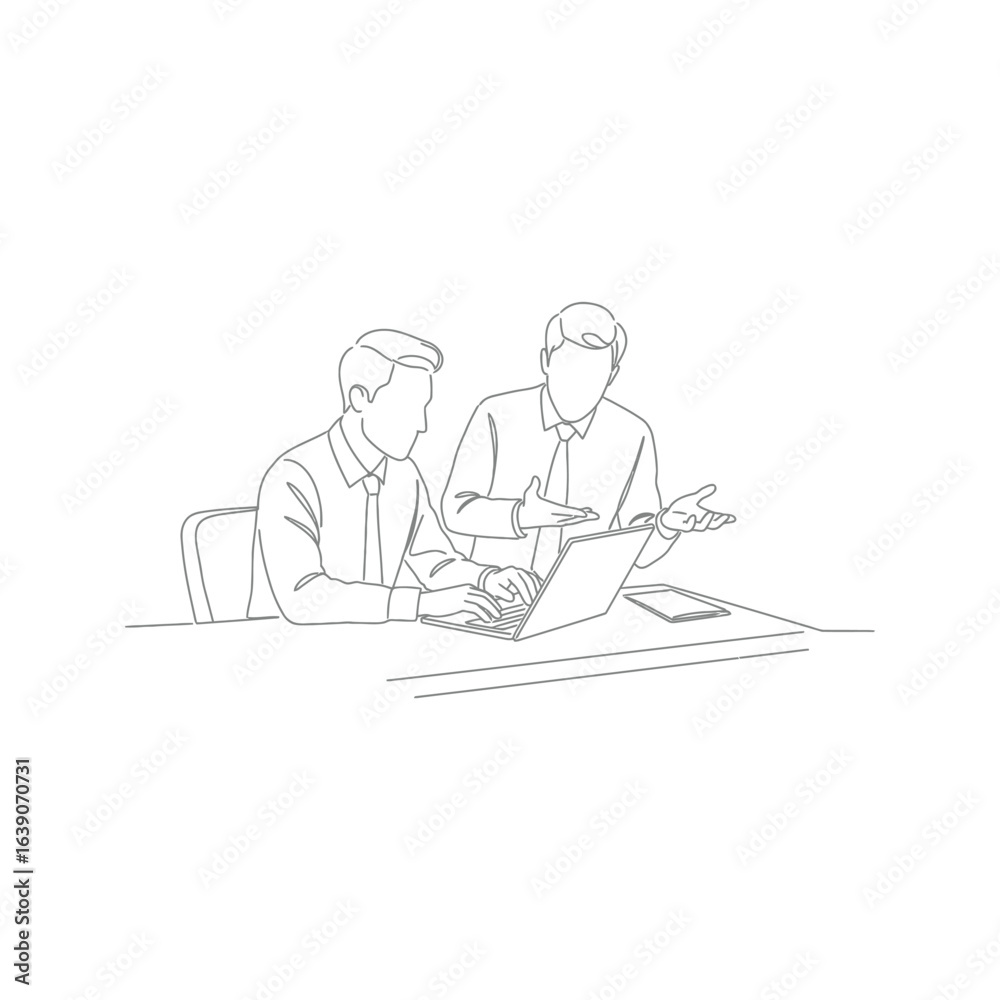 Two Businessmen Collaborating on Laptop Teamwork Business Meeting Office Illustration Two Businessmen Collaborating on Laptop Teamwork Business Meeting Office Illustration