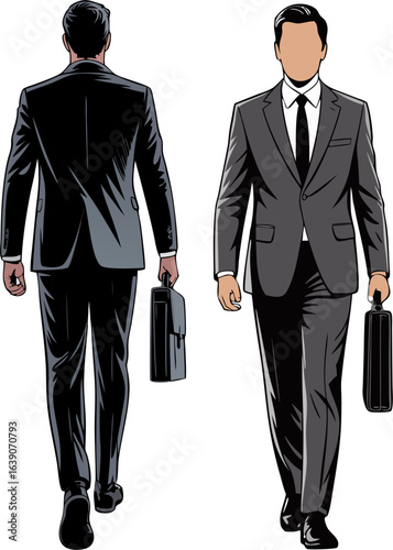  Vector Businessman Walking with Suitcase Front and Back View in Professional Flat Design