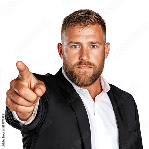 Confident Man in Dark Suit Pointing, Close up Portrait