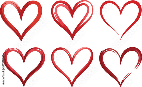 Collection of six hand drawn red hearts on a white background symbolizing love and affection