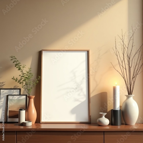 Wallpaper Mural Frame mockup  minimalist interior scene with frame, vases, and light casting shadows on a white wall background Torontodigital.ca
