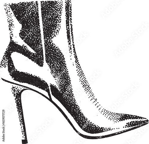Halftone Y2K Brutalist High-Heeled Boot – Black and White Stipple Fashion Vector for Grunge Punk Rock or Gothic Collage Design